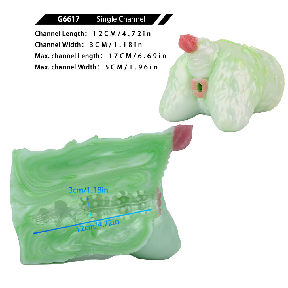 Green silicone butt plug with pink tip, size diagram layout with multiple angles.
