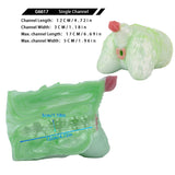 Green silicone butt plug with pink tip, size diagram layout with multiple angles.