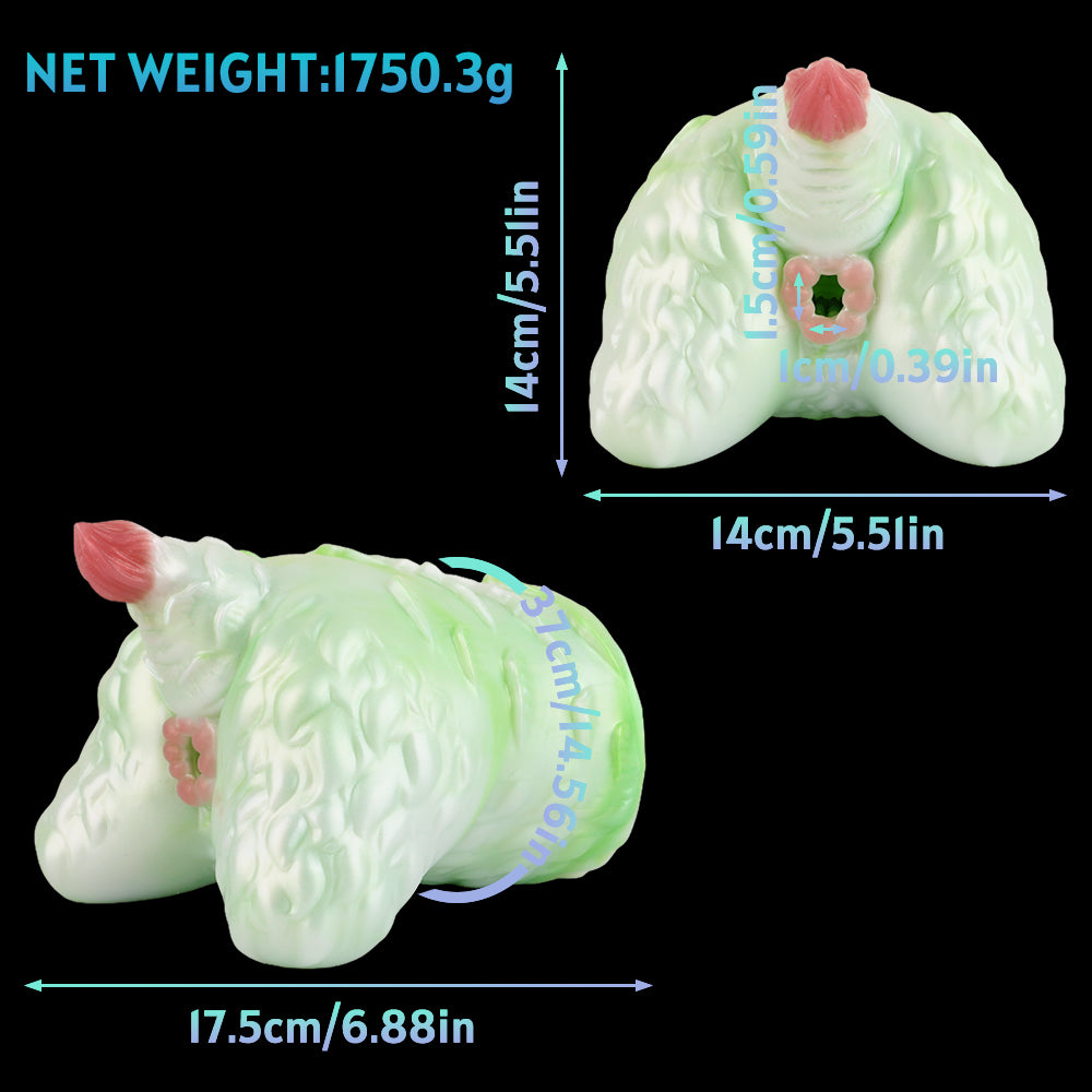Green silicone butt plug set, pink insert tip, side and angled views.