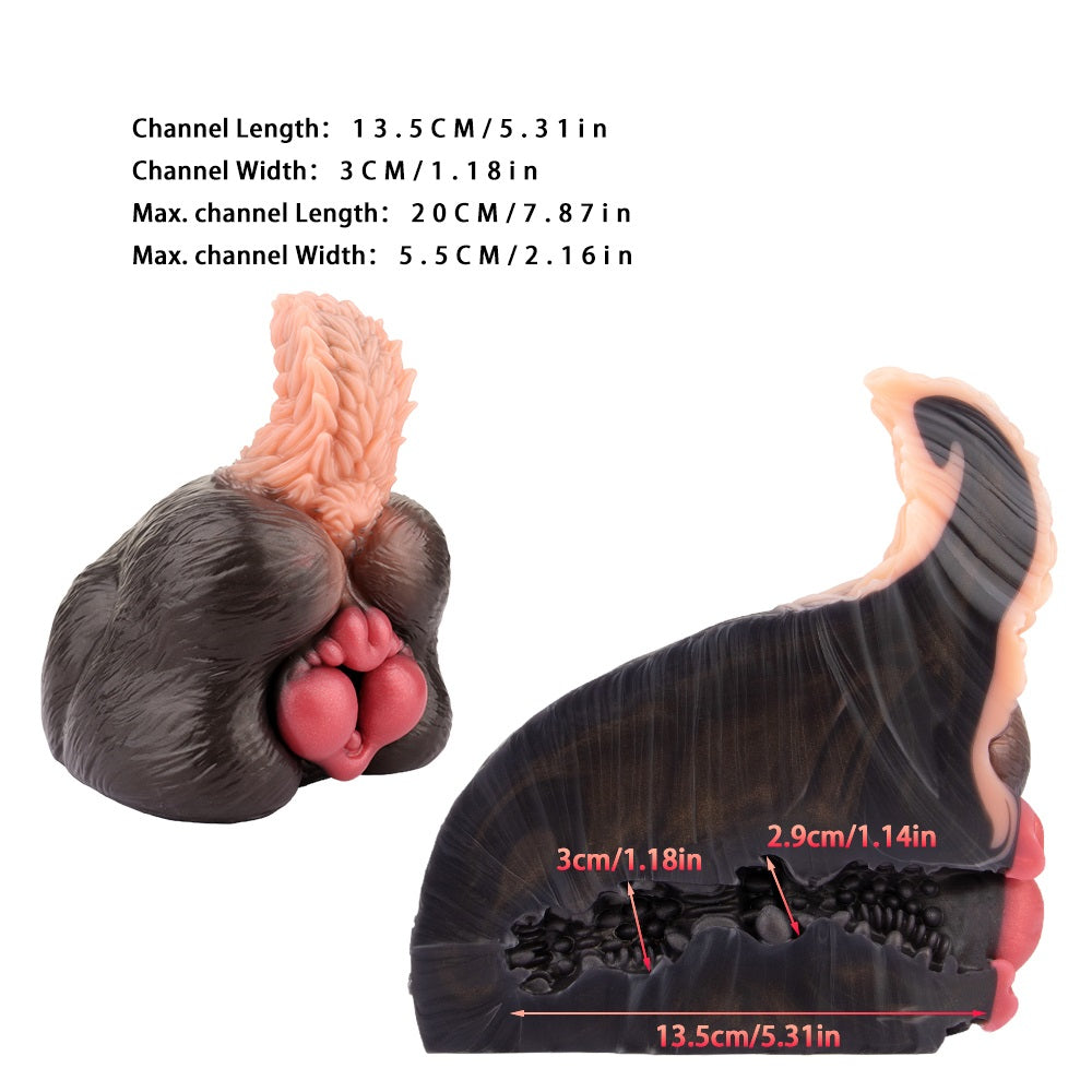 Dog-themed sex toy in two views; pale pink textured insert on black body; measurements