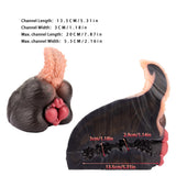 Dog-themed sex toy in two views; pale pink textured insert on black body; measurements
