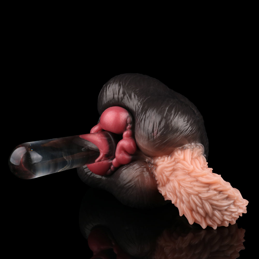 Dog-themed sex toy with pale pink textured insert and clear handle