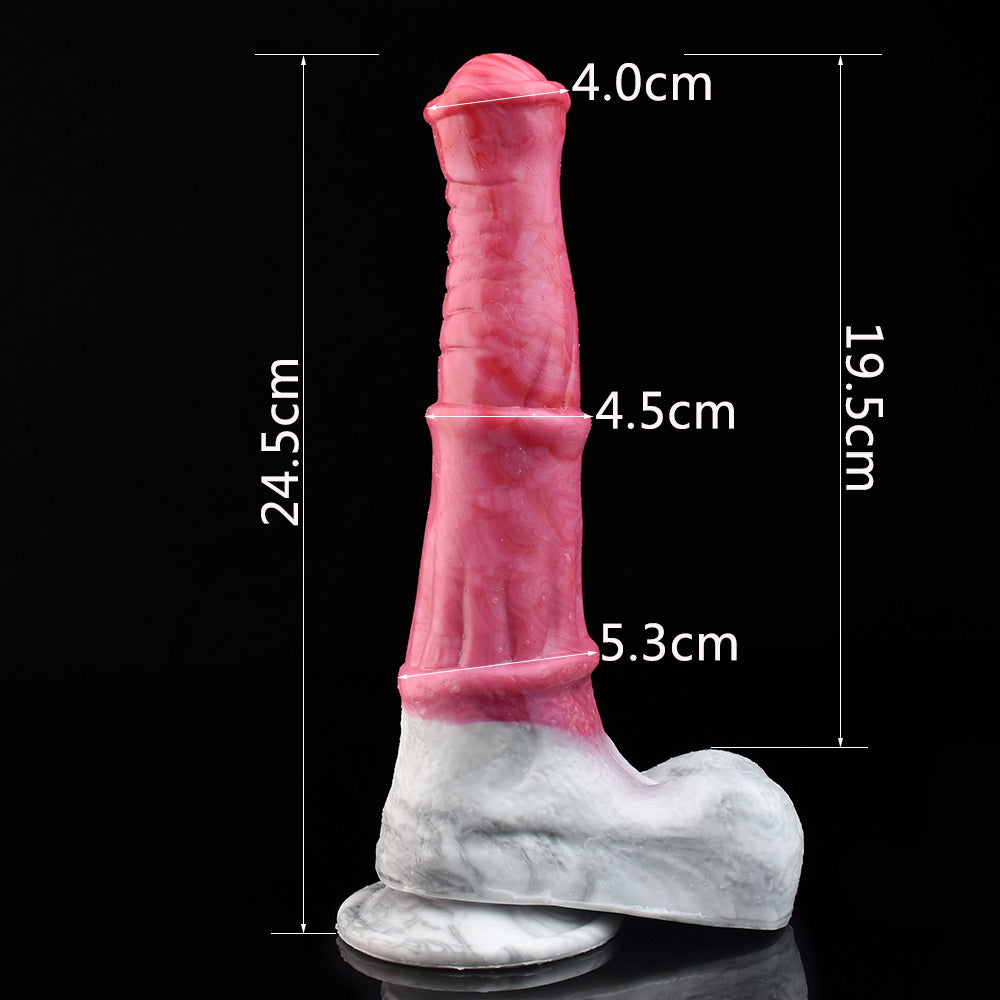 Size diagram: pink vibrating dildo, 19 cm long, with marbled white base