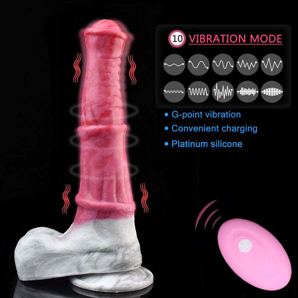 Pink minotaur-style vibrating dildo with wide base and vibration mode icons
