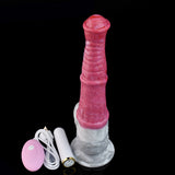 Pink standing vibrating dildo with marbled white base, top cap visible