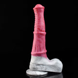 Pink minotaur-style vibrating dildo with marbled white base, front view
