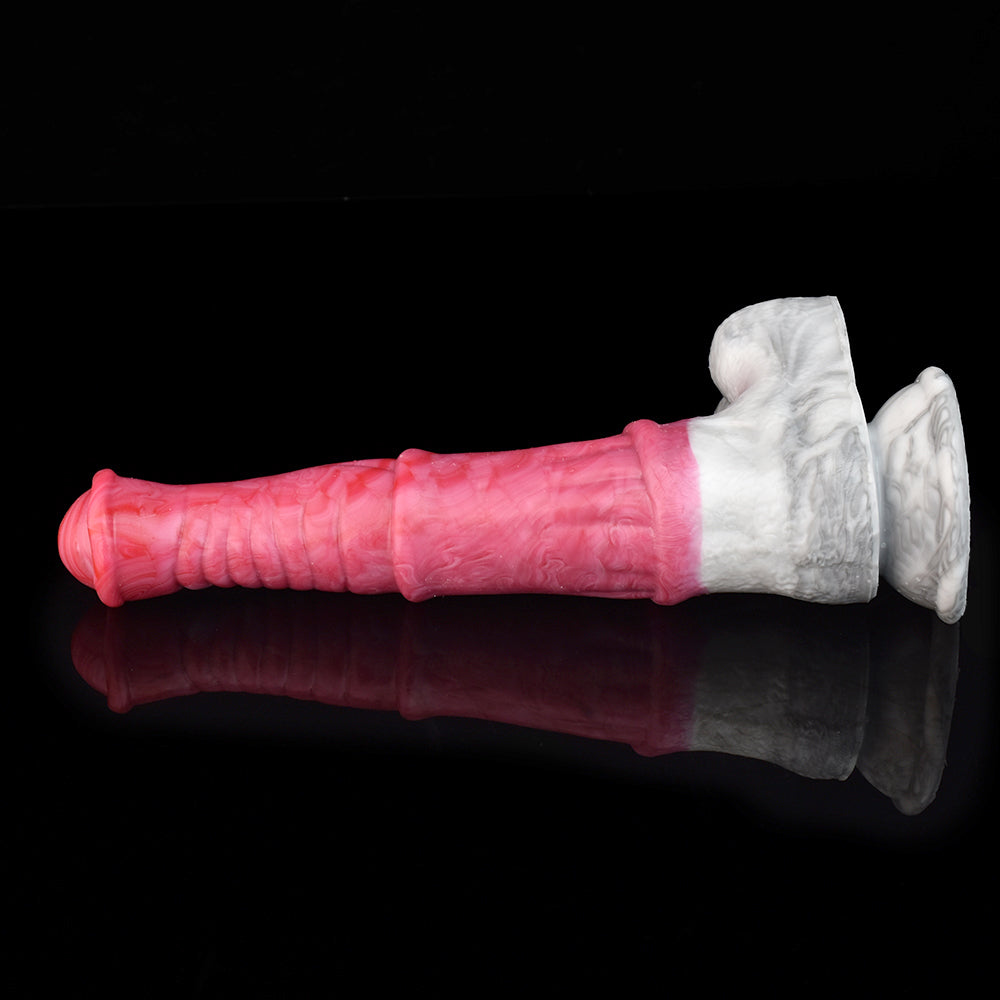 Pink vibrating dildo with marbled white base and flared suction-cup style end