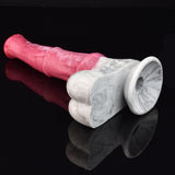 Pink vibrating dildo with marbled white base, wide open end visible