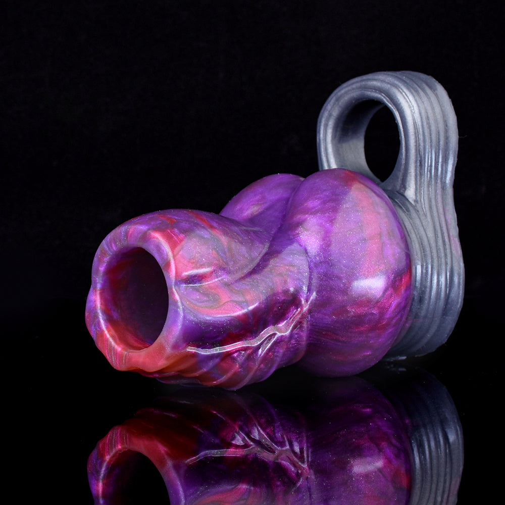 Fantasy knot pleasure sleeve extender, purple-pink galaxy finish with silver cuff