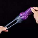 Purple galaxy sleeve extender with long silver shaft; hand holding purple head
