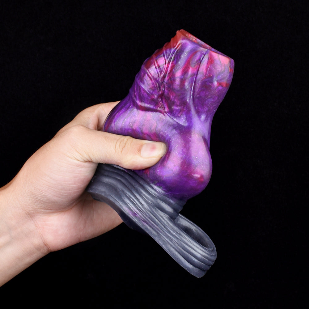 Purple galaxy sleeve extender with ribbed silver underside; open end facing left