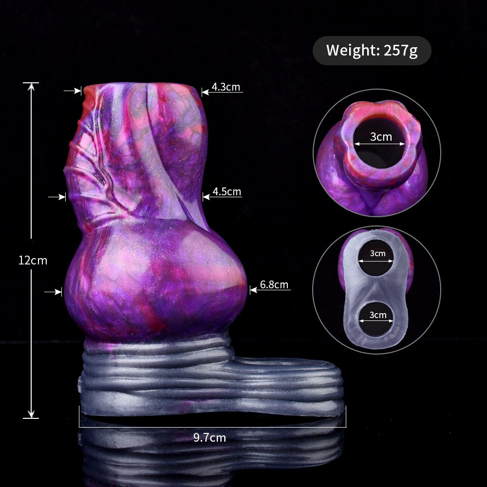 Purple-pink sleeve extender with ribbed silver base and rounded opening at top