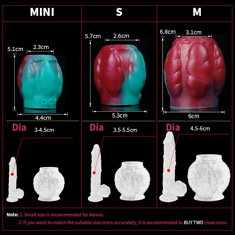 Size chart panel for dragon knot sheath sleeve extender (mini, S, M) in teal/pink