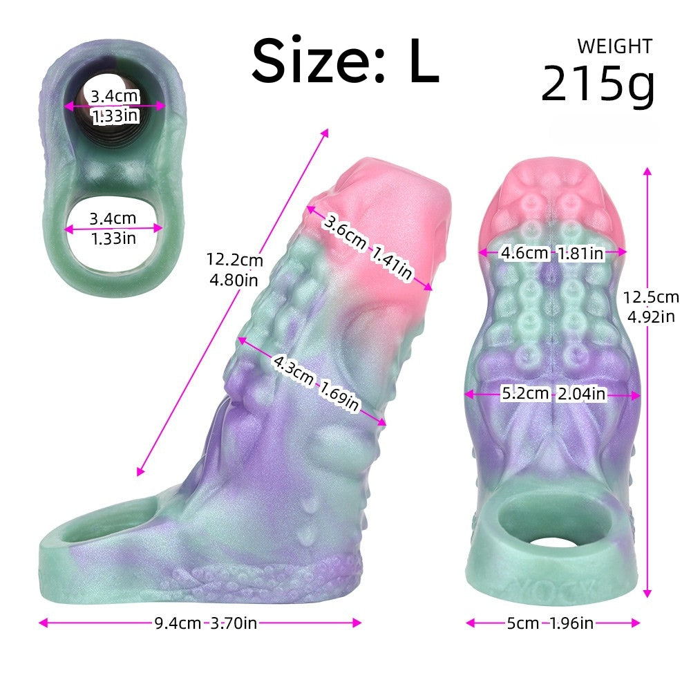Size L octopus cock sleeve sheath; iridescent pink/green/purple, ring opening shown
