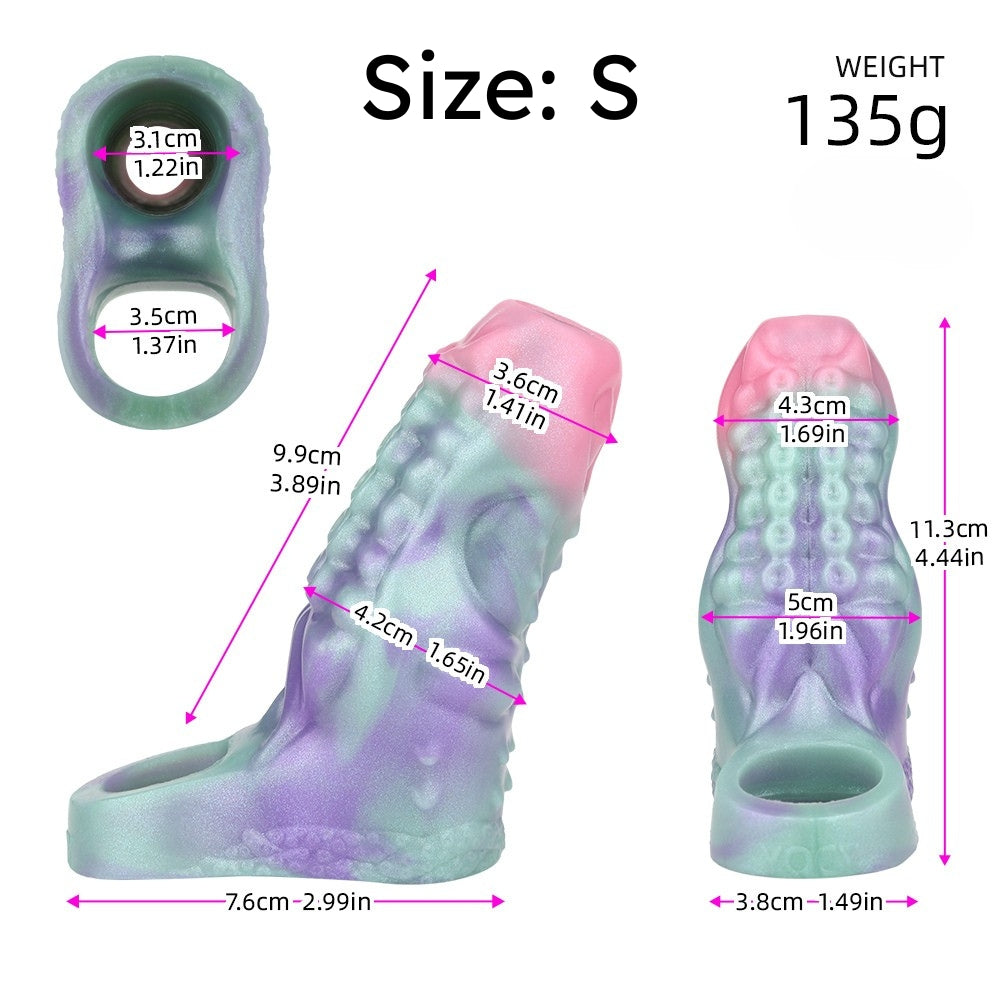 Size S octopus cock sleeve sheath; iridescent pink/green/purple, ring opening shown