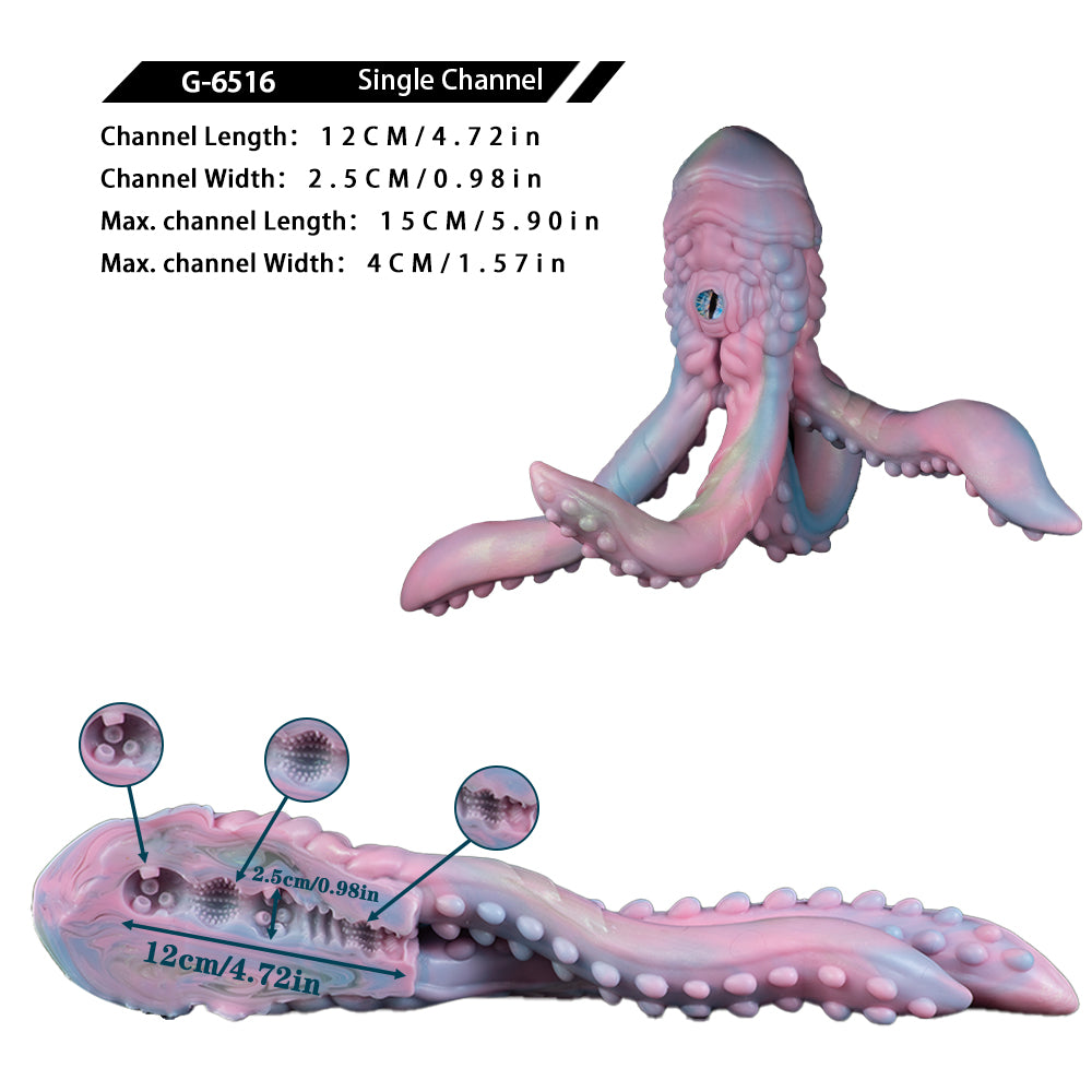 Pastel octopus figurine diagram with tentacles and labeled measurements on a white layout
