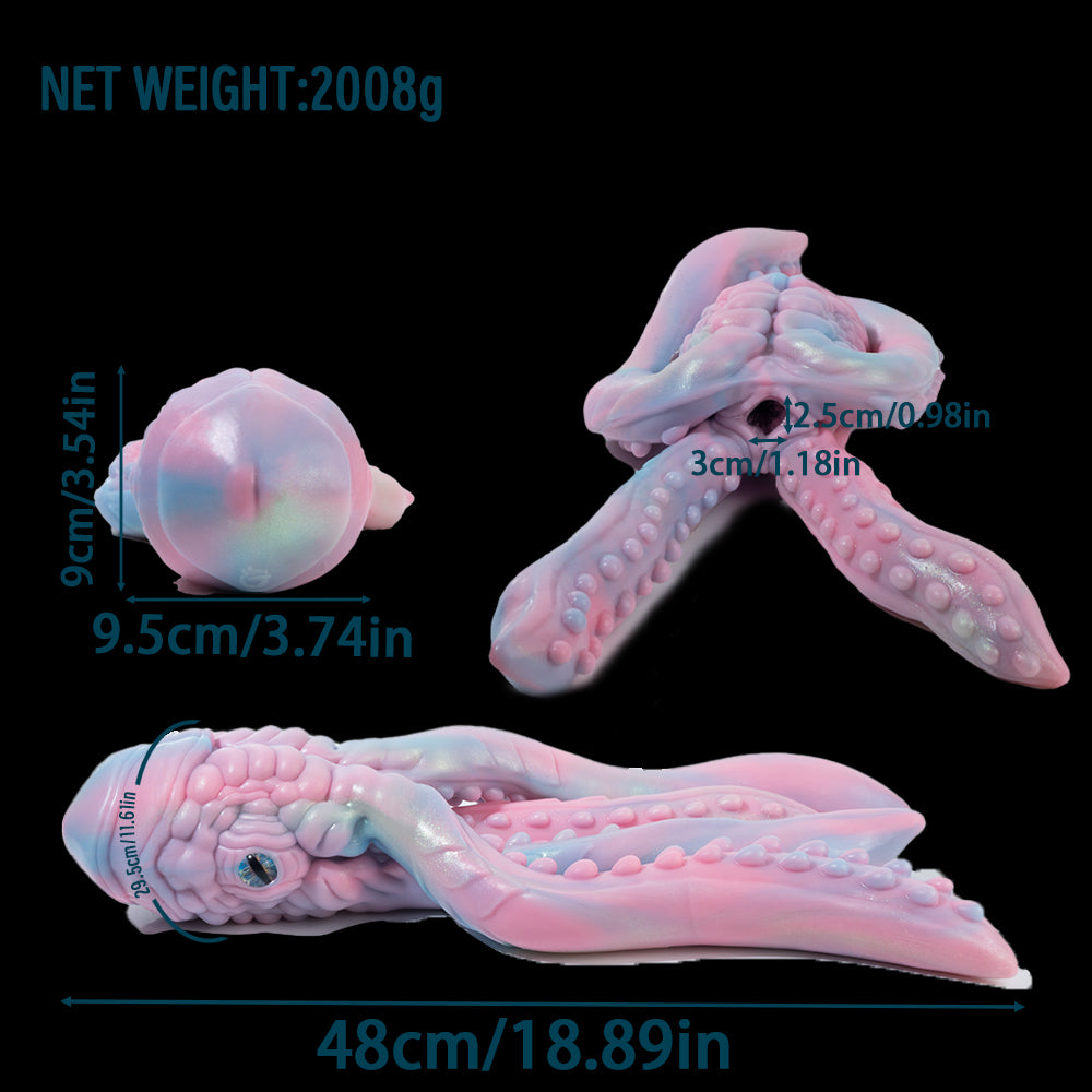 Pastel octopus figurine size chart showing multiple angles and dimension labels