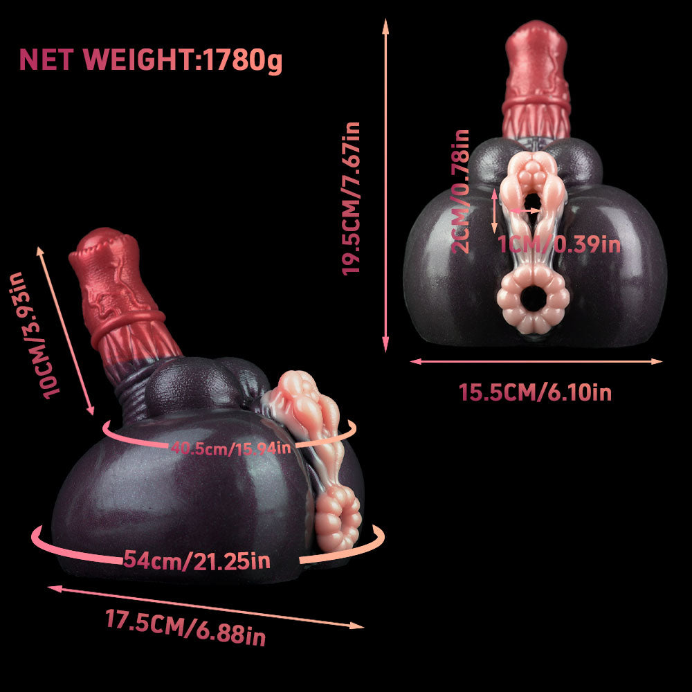 Gray novelty adult toy with red top and pink textured openings, side view