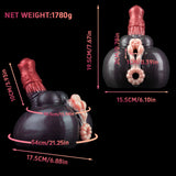 Gray novelty adult toy with red top and pink textured openings, side view
