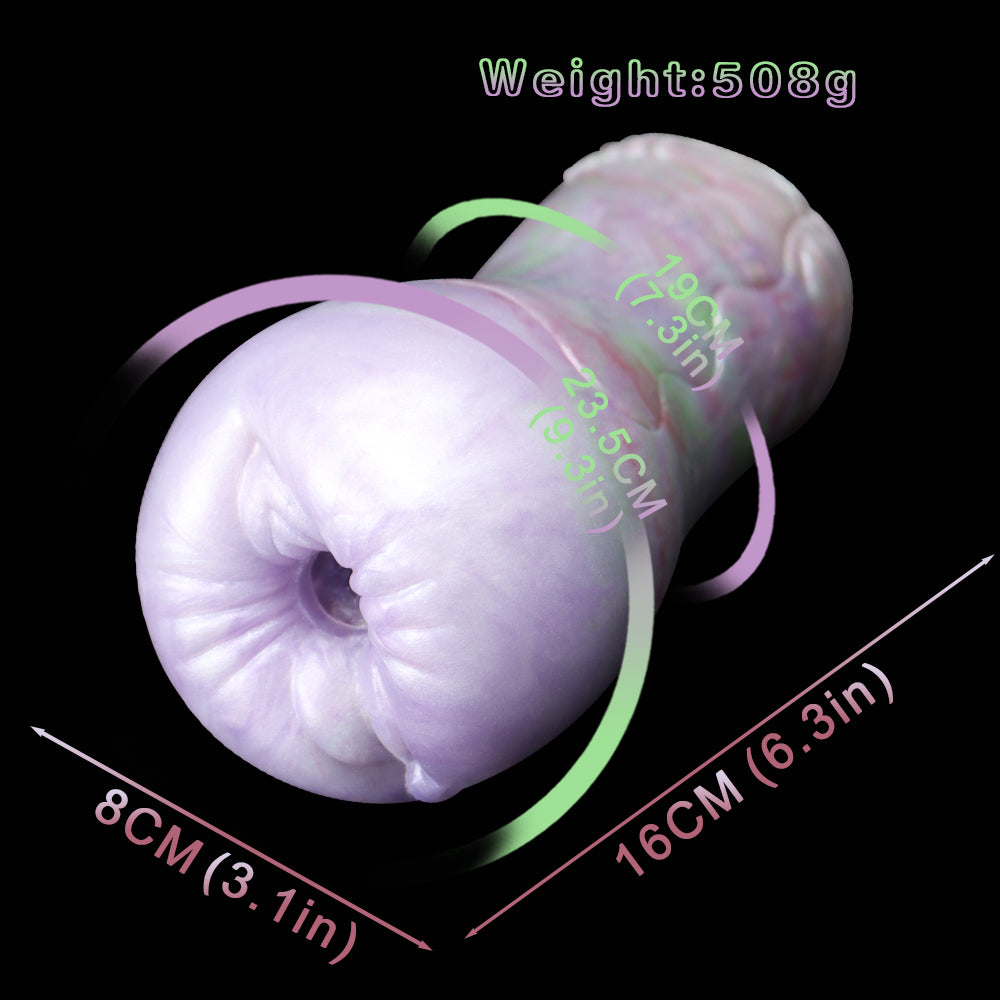 Purple and iridescent masturbator with size markings: 8cm/16cm and 50.8g weight