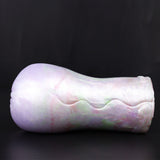 Purple and iridescent masturbator body with wavy groove pattern along the tube
