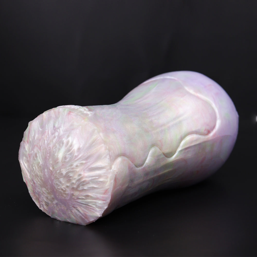 Purple and iridescent curved masturbator with textured side and ribbed detail