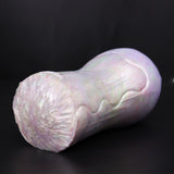 Purple and iridescent curved masturbator with textured side and ribbed detail