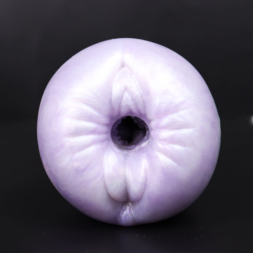 Purple and iridescent masturbator front view, central hole with fluted ridges