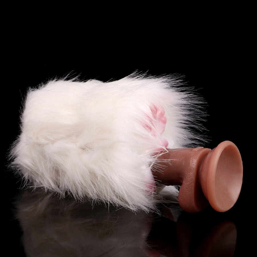 White faux-fur sleeve with pink interior detail and brown end cap