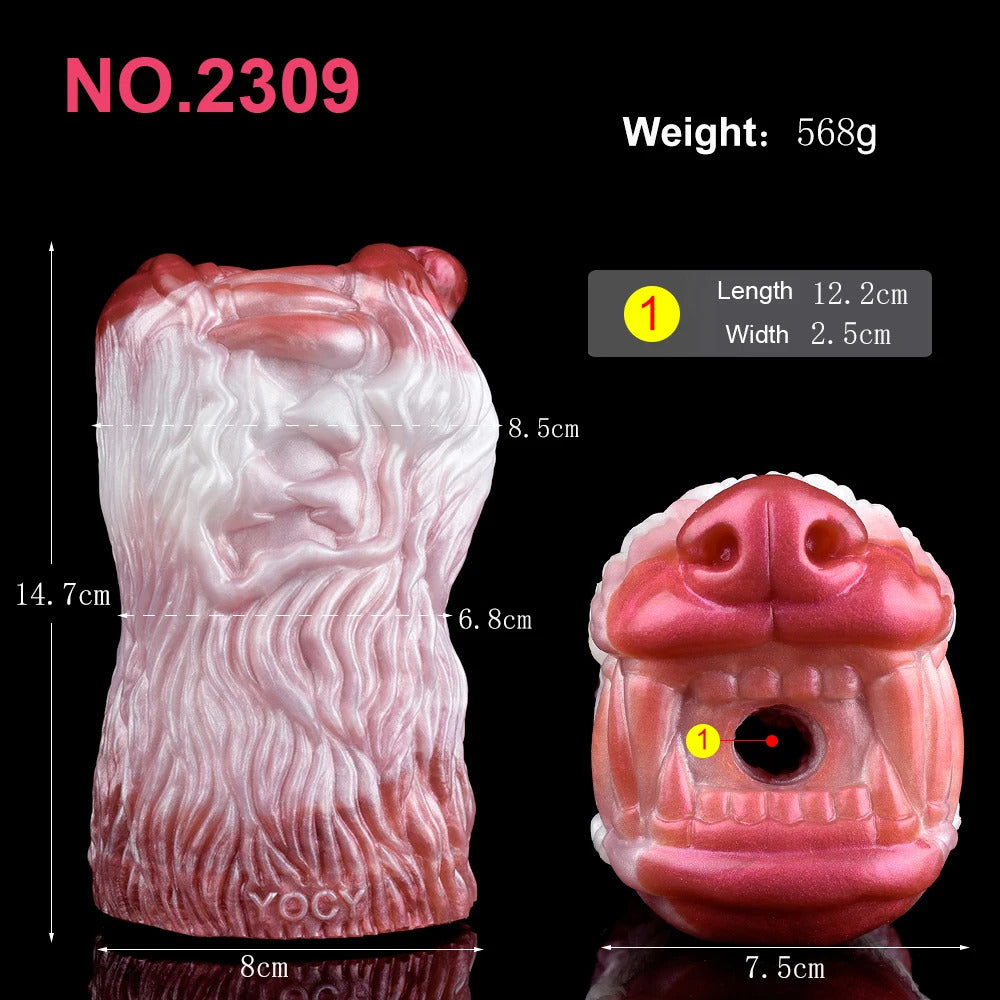 Wolf-muzzle masturbator size diagram—front view with mouth opening