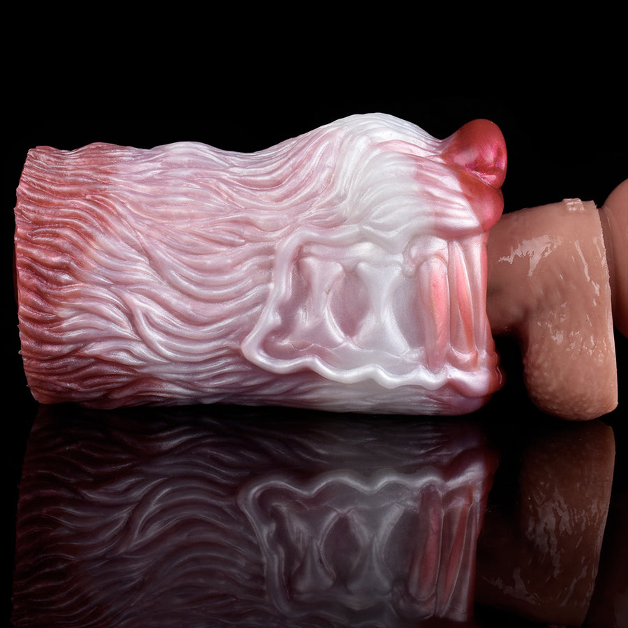 Pink and white wolf-muzzle fantasy masturbator, side view