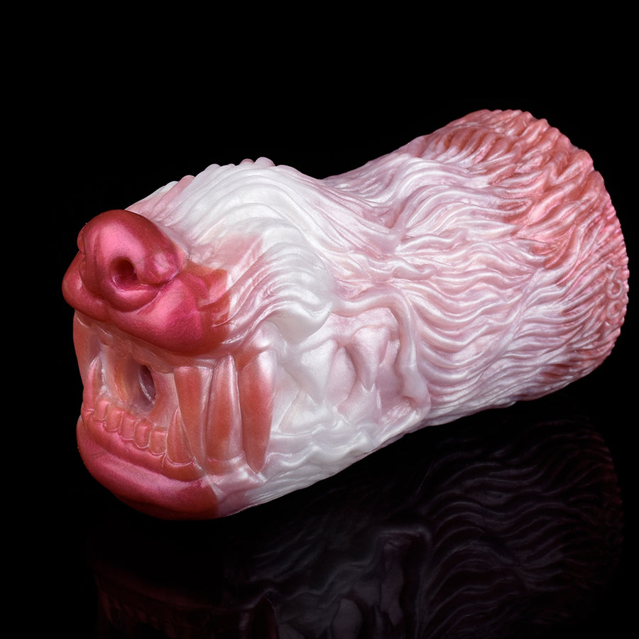 Pink and white wolf-muzzle fantasy masturbator, angled side view