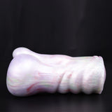 Fantasy male masturbator worm-style side view, pale white pastel swirls beside red canister