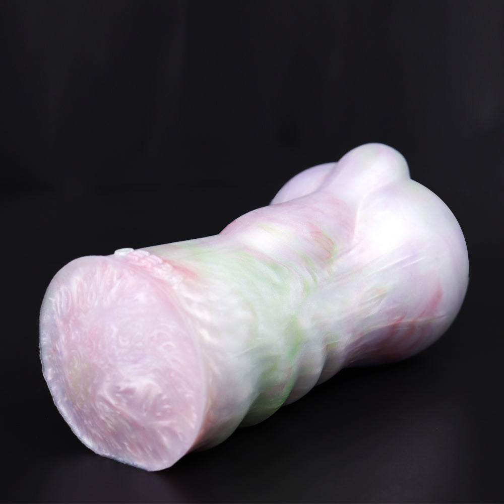 Fantasy male masturbator worm-style angled side profile, pale white with pastel rainbow details