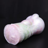 Fantasy male masturbator worm-style angled side profile, pale white with pastel rainbow details
