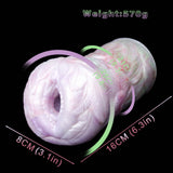 Pale pink pocket cup masturbator shown from ends, with oval opening visible