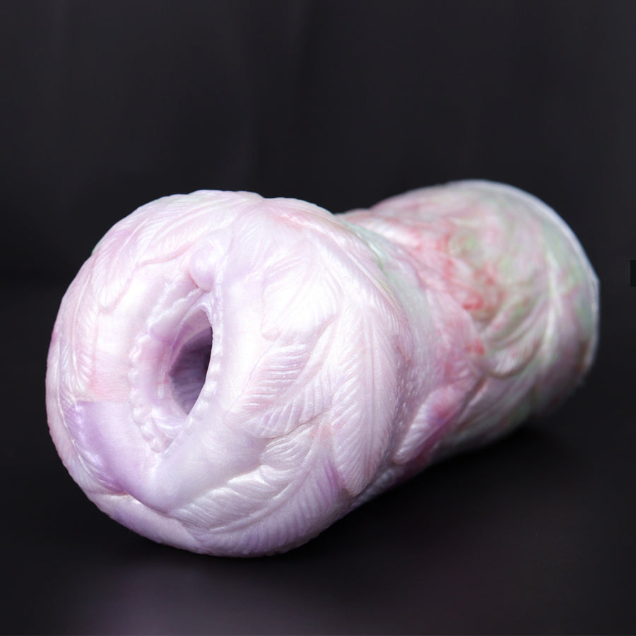 Pink and white pocket cup masturbator sleeve with oval opening and patterned texture