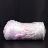 Pink textured pocket cup masturbator, curved shape and oval opening on one end