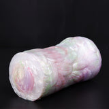 Pink textured pocket cup masturbator cylinder with molded ridges along the side