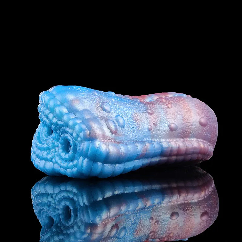 Blue-and-pink dragon male stroker, curved shape, scaly texture and two openings