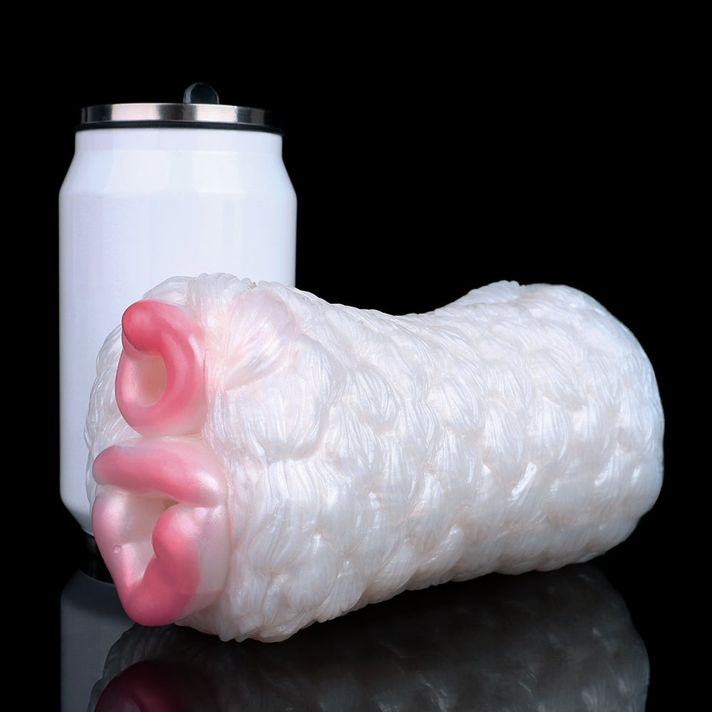 Fantasie-Tier-Masturbator, weißes Fell, pinke Öffnungen, lange seitliche Form