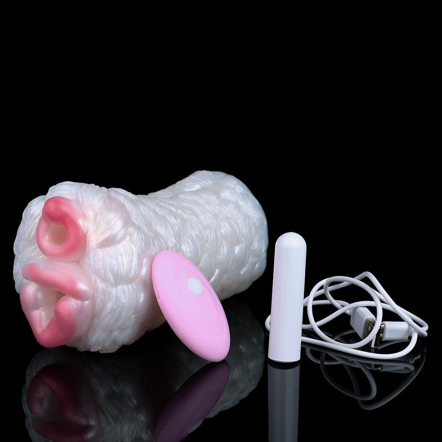 White furry fantasy animal sex toy with pink ear details, plus pink insert and white rod