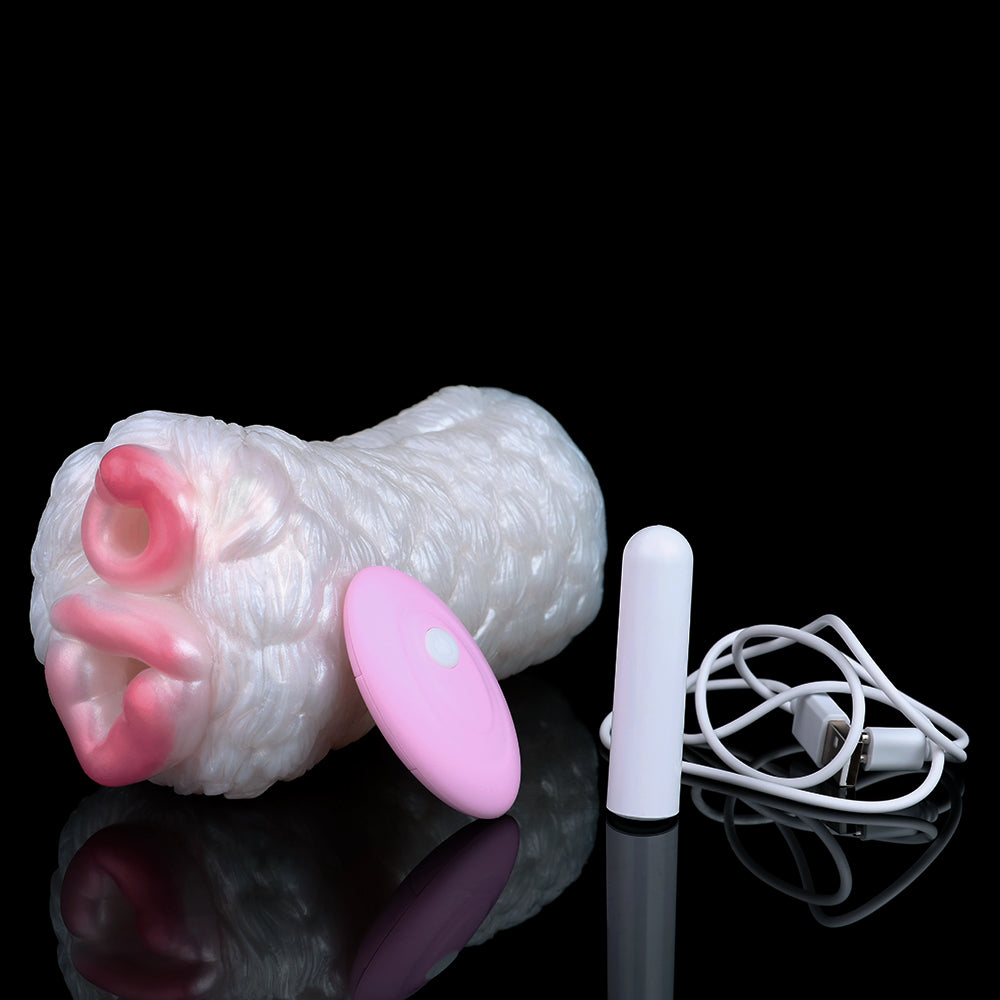 Fantasie-Tier-Masturbator, weißes Fell mit pinken Öffnungen und Kabel, seitliche Ansicht