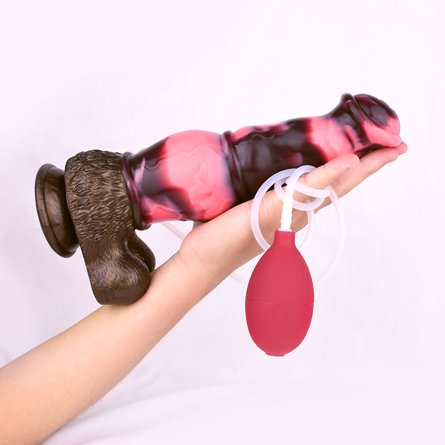 Horse-shaped sex toy with pink and dark shaft, red bulb, and white cord attachment.