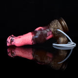 Horse-head dildo with pink shaft and dark knot, connected white tubes, side view