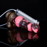 Pink-and-dark horse-head dildo with knot, syringe-like applicator over shaft