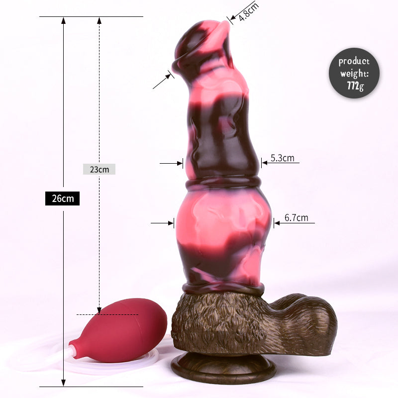 Horse dildo with knot: size diagram, pink-and-dark glossy body and flared base