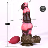 Horse dildo with knot: size diagram, pink-and-dark glossy body and flared base