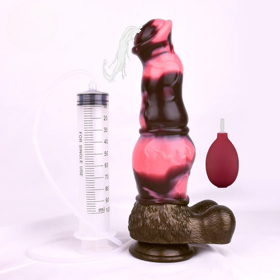 Horse-shaped sex toy with pink and dark shaft, red bulb, and syringe-style injector.