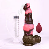 Horse-shaped sex toy dildo with knot, pink-and-dark glossy body, base stand